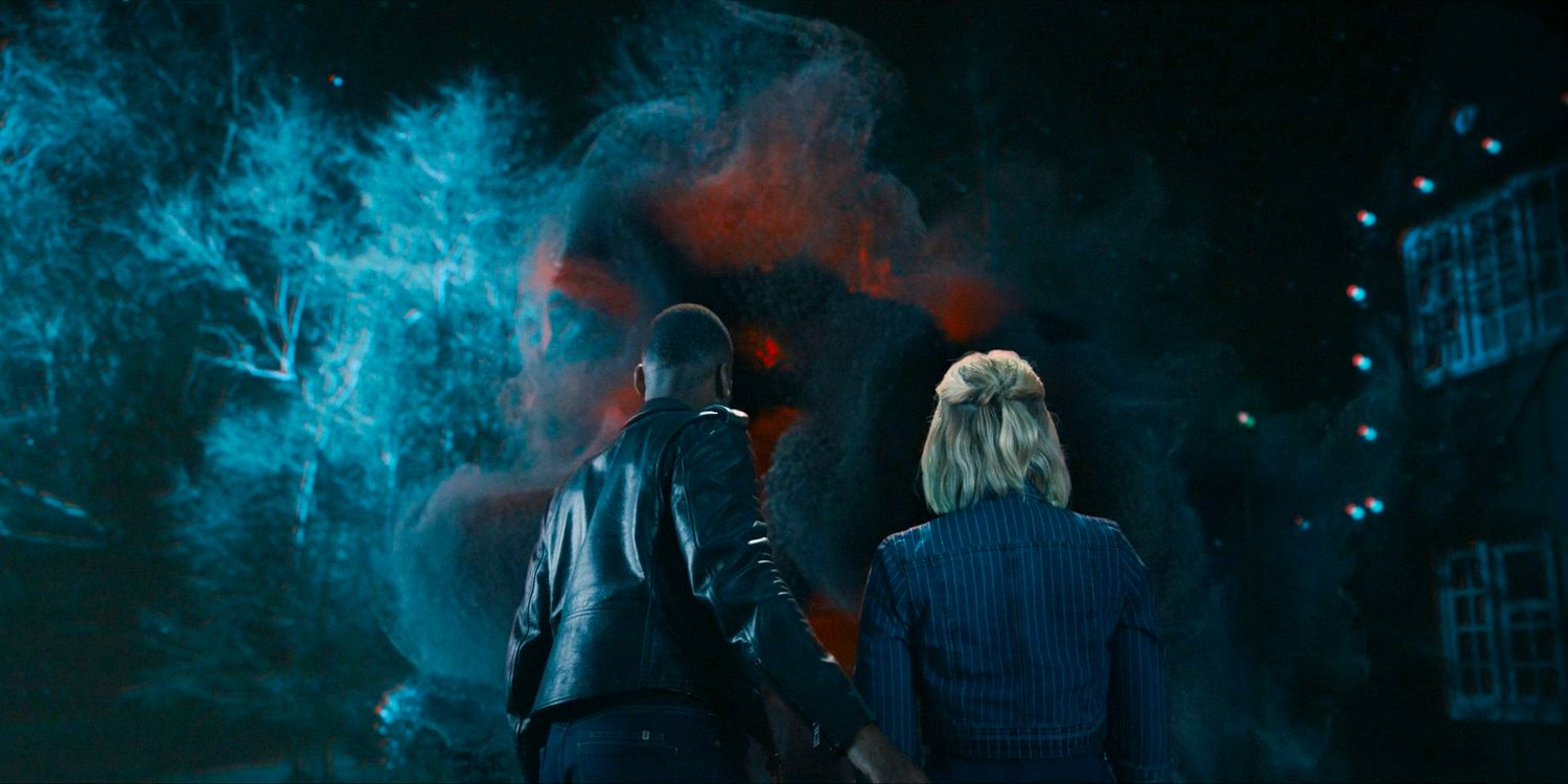 The Doctor and Ruby facing a massive cloud of black and red sand in Doctor Who season 14 episode 7