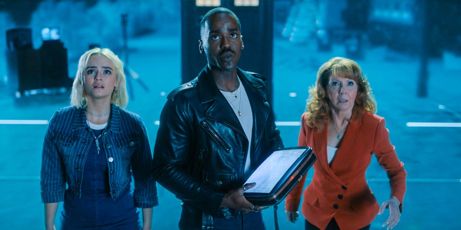 Ruby (Millie Gibson), The Doctor (Ncuti Gatwa) and Melanie Bush (Bonnie Langford) looking shocked facing Sutekh in Doctor Who season 14 episode 8