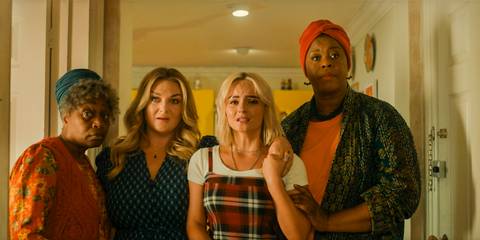 Cherry Sunday (Angela Wynter), Louise Miller (Faye McKeever) and Carla Sunday (Michelle Greenidge) comforting Ruby (Millie Gibson) over the Doctor's departure in Doctor Who season 14 episode 8