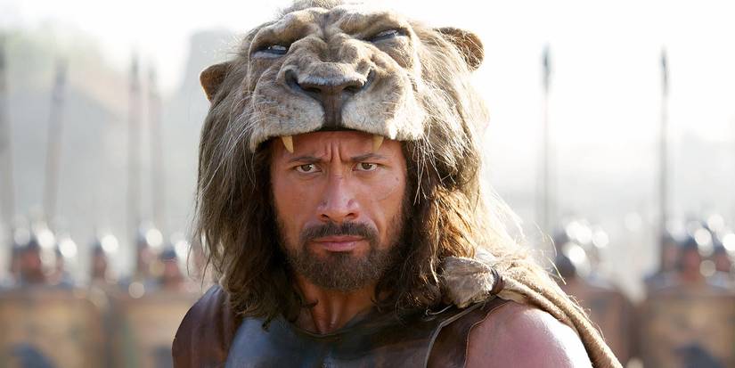 Dwayne Johnson as Hercules wearing a lion pelt