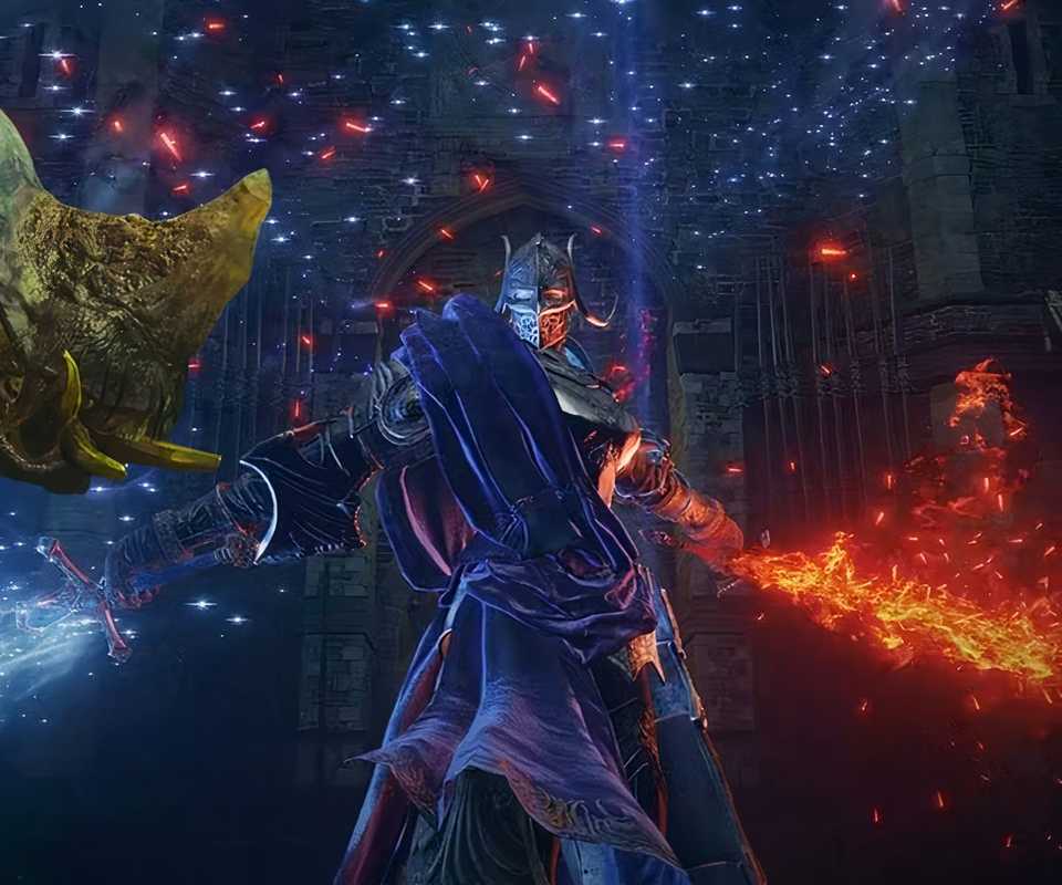 Rellana extends two swords -- one coated in red fire, the other blue magic -- while the head of the Golden Hippo leers menacingly at her from the corner.