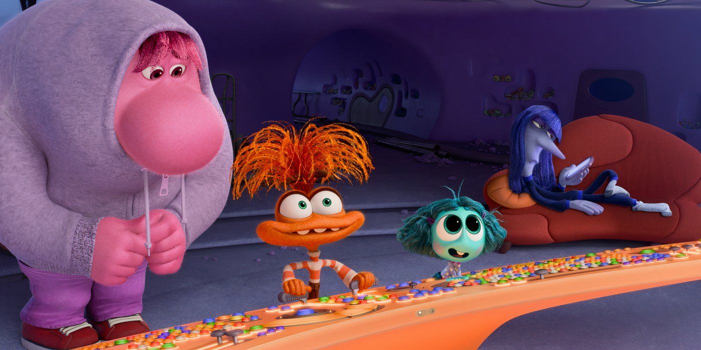 Embarassment, Anxiety, Envy and Ennui stand at the dashboard in Inside Out 2