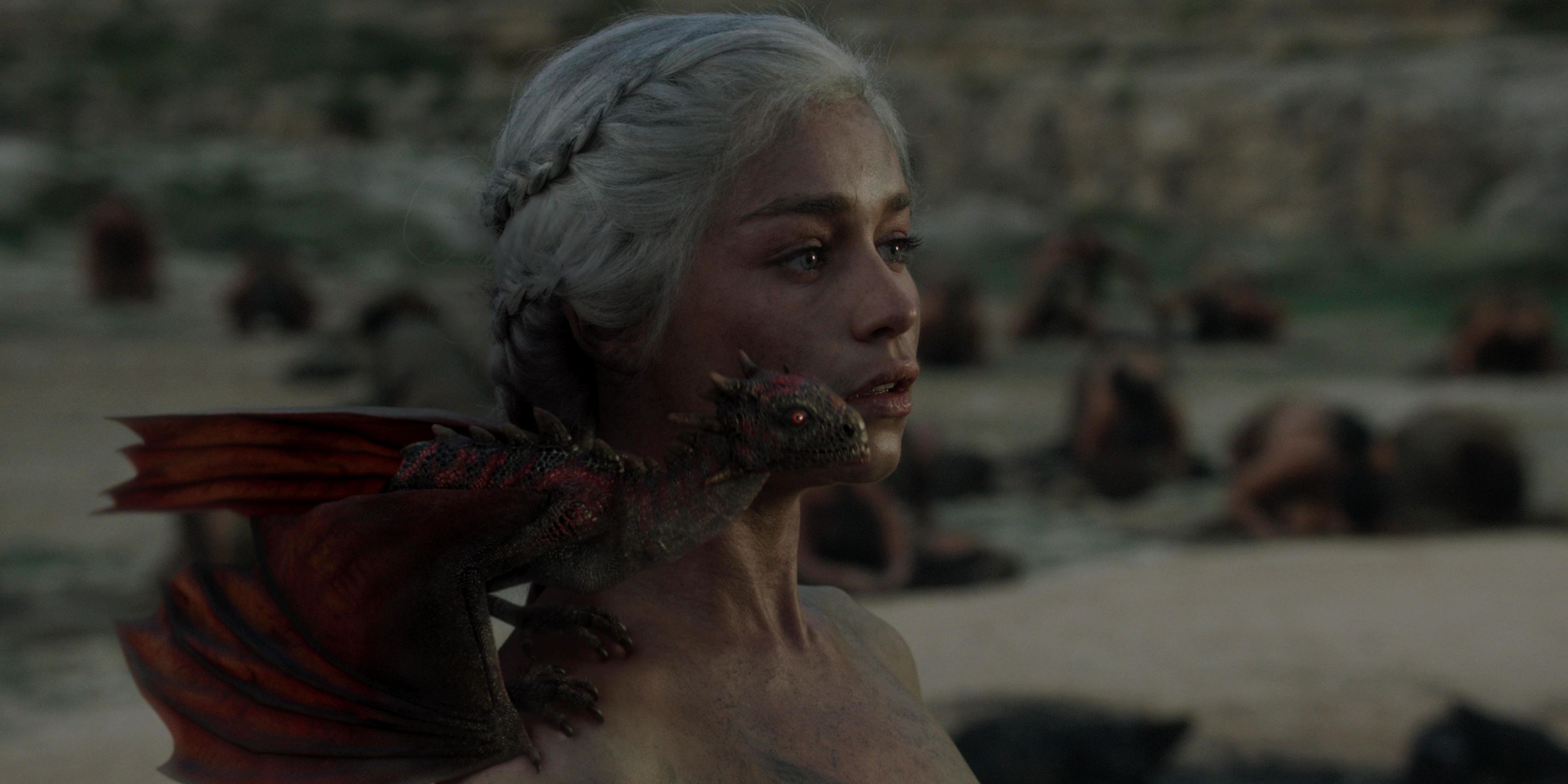 Daenerys Targaryen (Emilia Clarke) and her baby dragon in Game Of Thrones season 1, episode 10, 