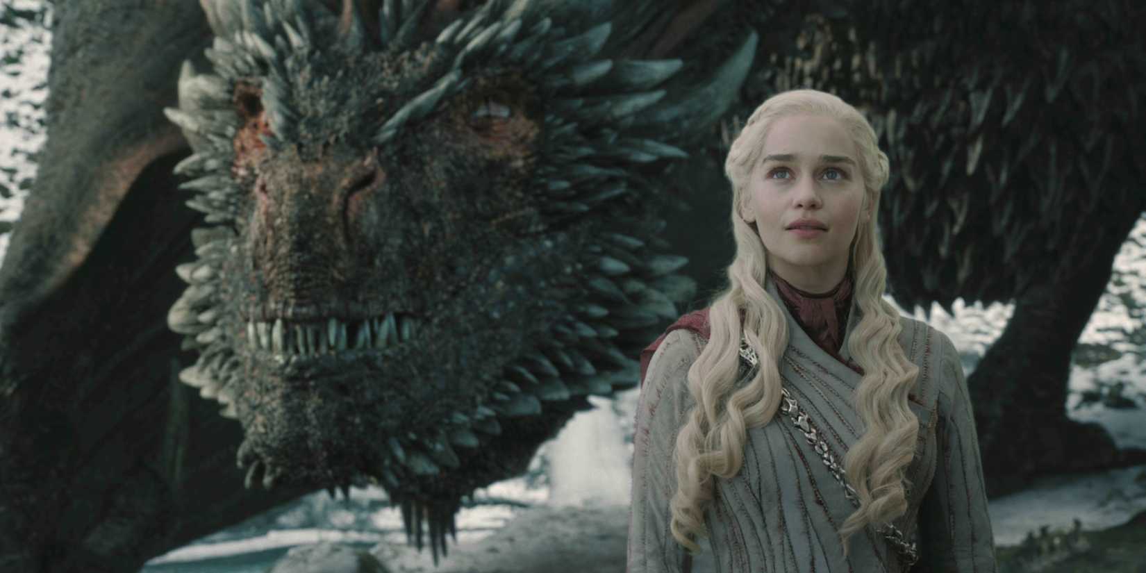 Daenerys Targaryen (Emilia Clarke) standing beside Her Dragon Drogon In Game Of Thrones Season 8, Episode 4, "The Last Of The Starks"