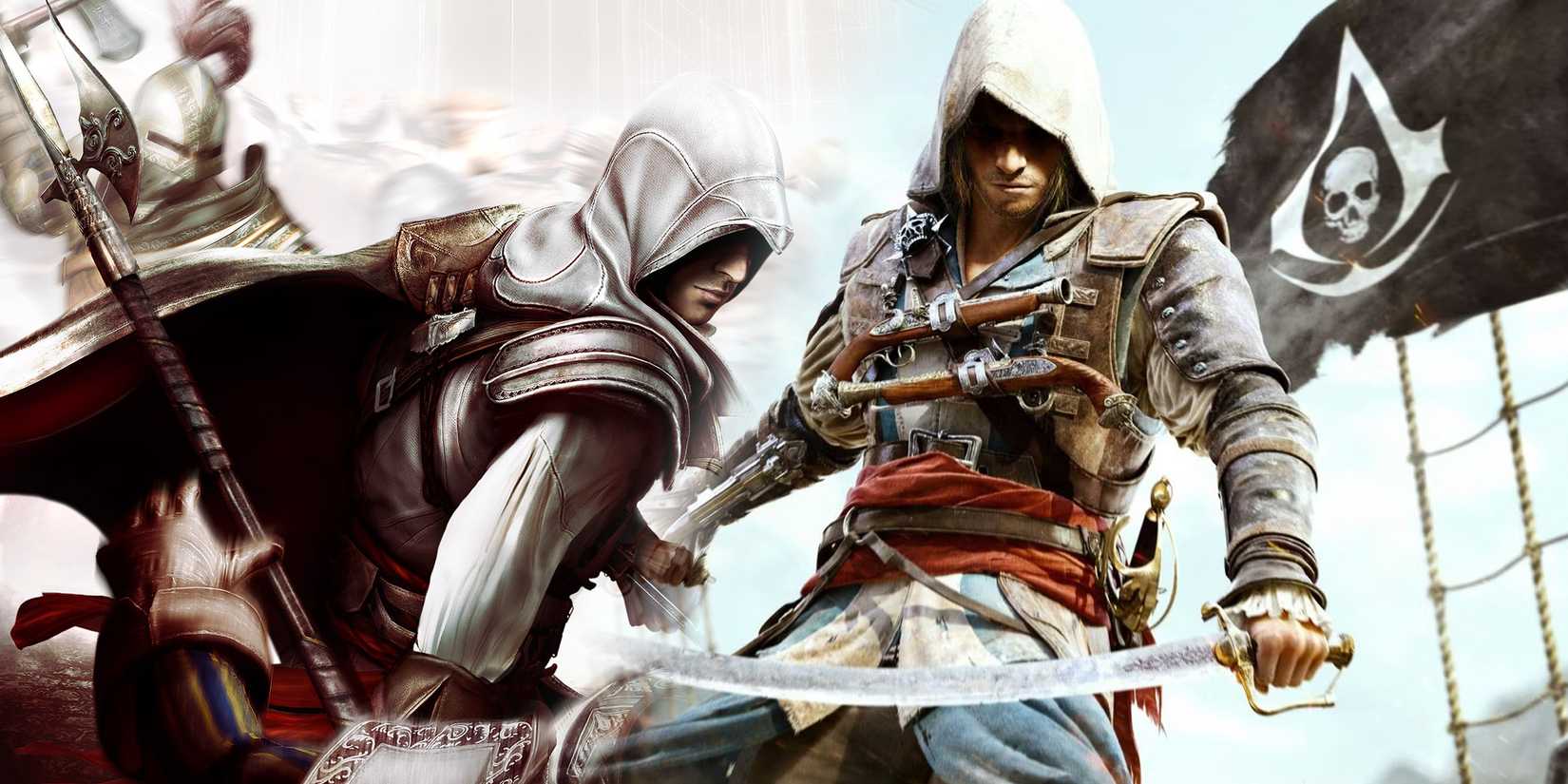 Ezio Auditore and Edward Kenway from the Assassin's Creed series side-by-side.