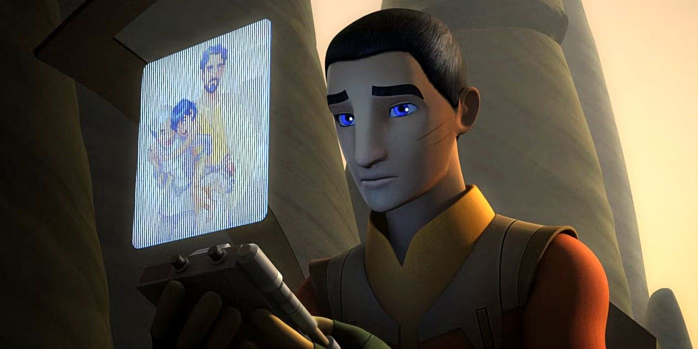 Ezra Bridger looking at a holo of himself with his parents in the Star Wars Rebels series finale.