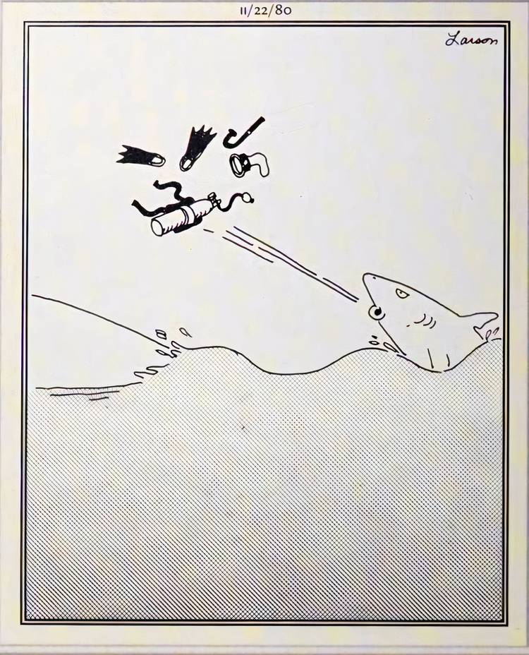 Far Side, angry looking shark spitting out scuba gear.