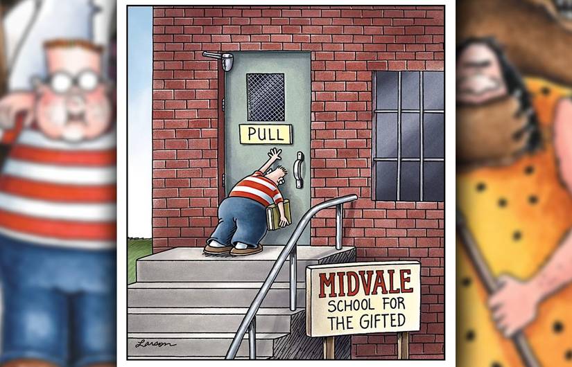 far side comic - famous comic where a gifted child pushes at a pull door