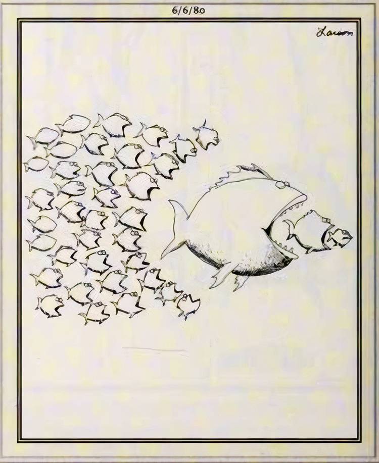 Far Side, small fish about to eat big fish, which is about to eat smaller fish