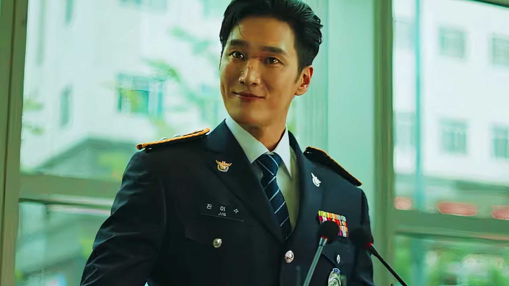 Flex X Cop character standing at a podium with a slight smile