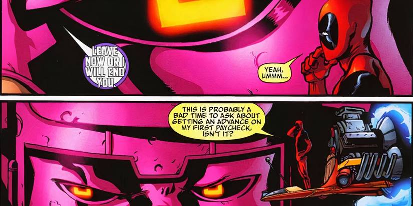 Galactus angrily tells Deadpool to leave and doesn't respond when Deadpool talks again