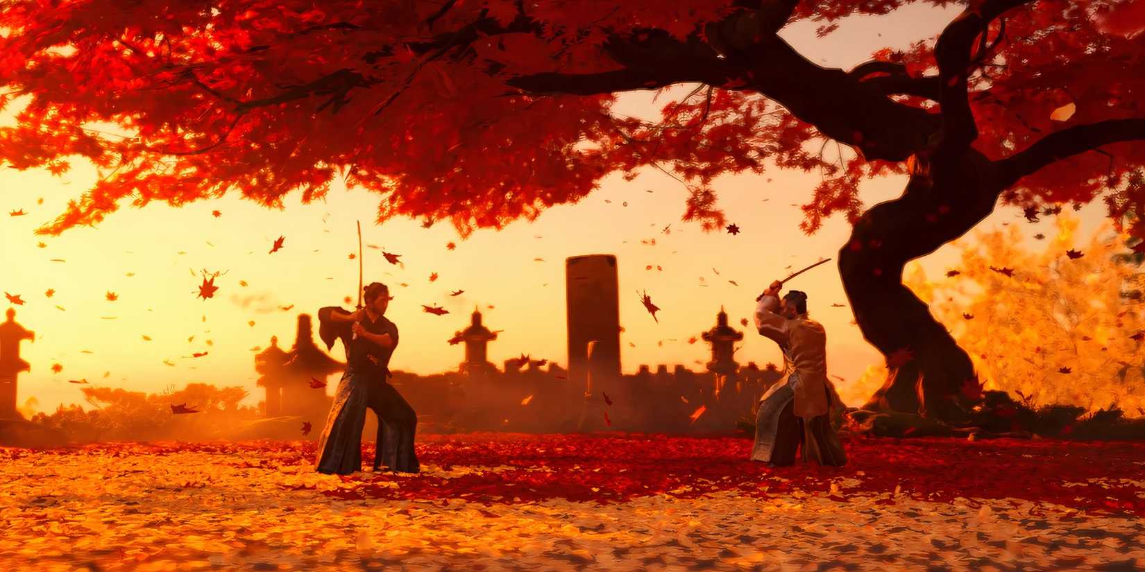 Jin and Shimura prepare to fight in the family cemetery in Ghost of Tsushima.