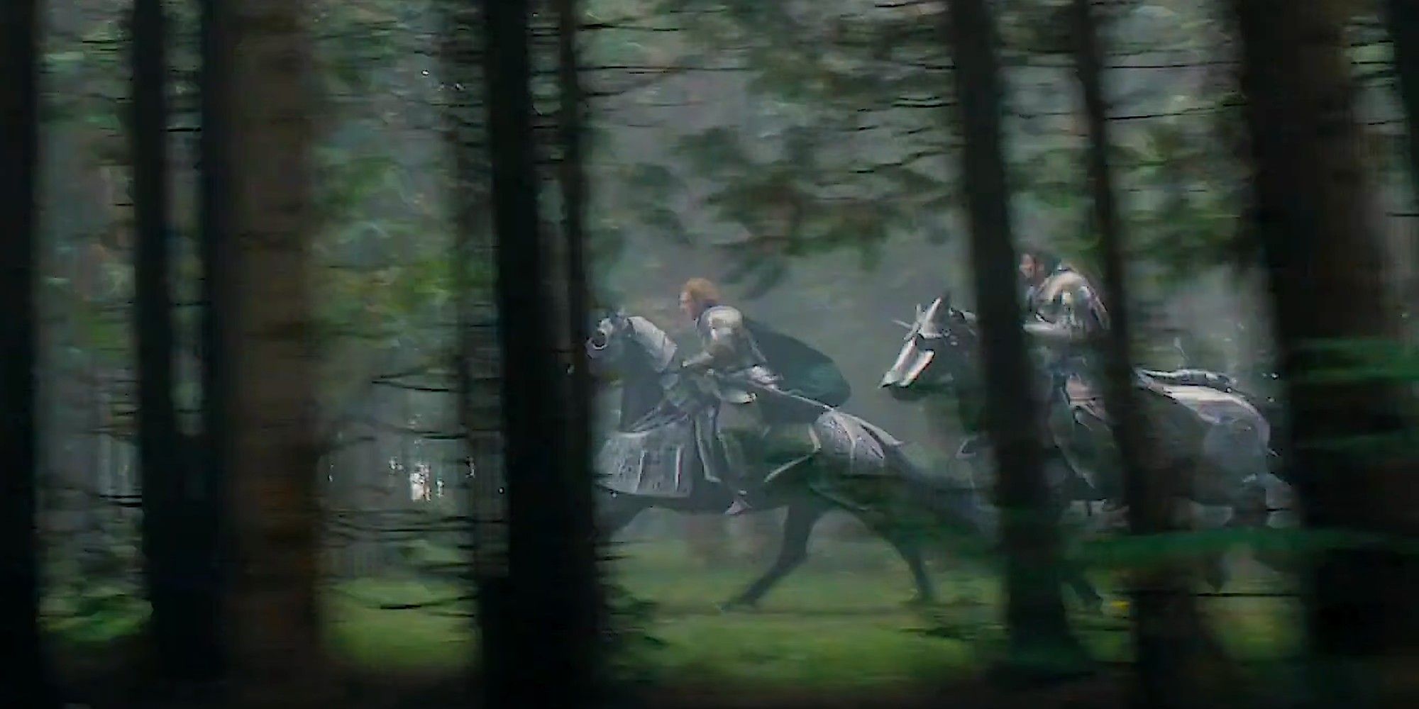 Gwayne Hightower and Criston Cole riding horses through the woods in House of the Dragon