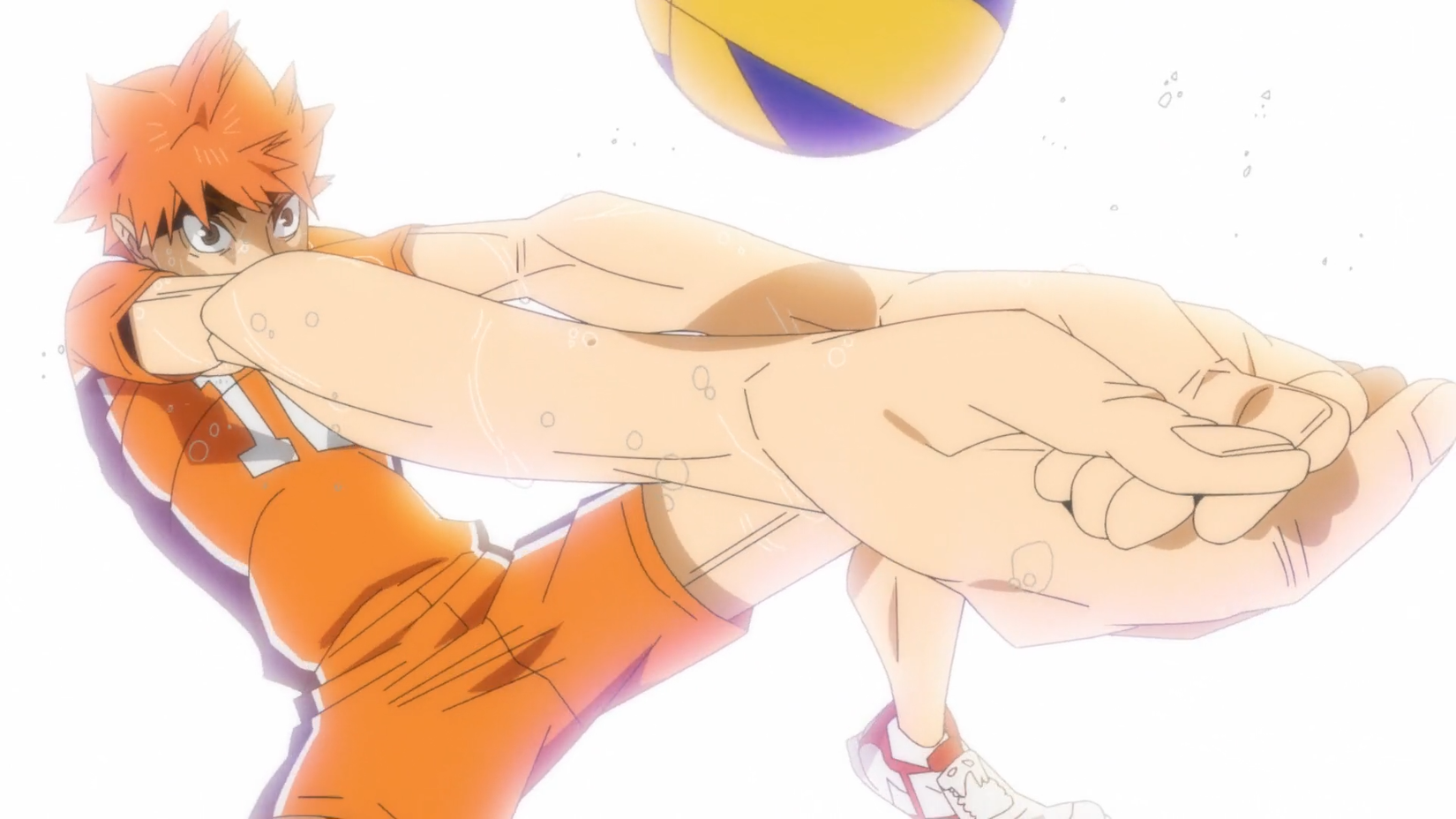 Haikyu!! - Hinata with arms outstretched receiving ball