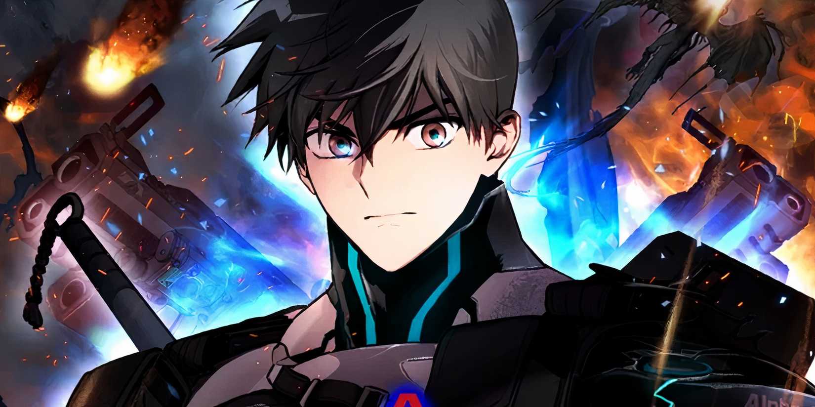 han lee from kill the dragon surrounded by a blue glow with explosions and fighting in the background