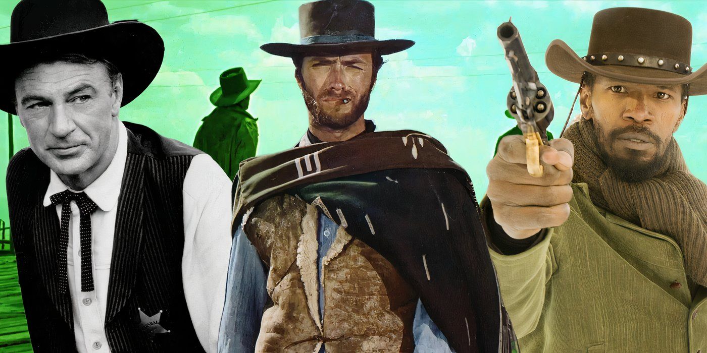 Коллаж с Гари Копером в фильме "Высокий полдень", Клинтом Иствудом в фильме "Хороший, плохой, злой" и Джейми Фоксом в фильме "Джанго освобожденный"