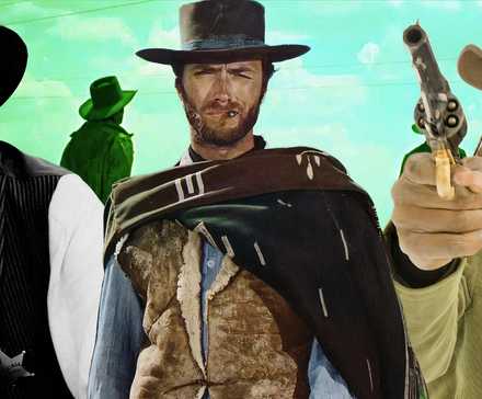 Коллаж с Гари Копером в фильме "Высокий полдень", Клинтом Иствудом в фильме "Хороший, плохой, злой" и Джейми Фоксом в фильме "Джанго освобожденный"