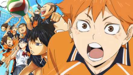 Hinata from haikyuu looking surprised with members of kurasuno's volleball team behind him