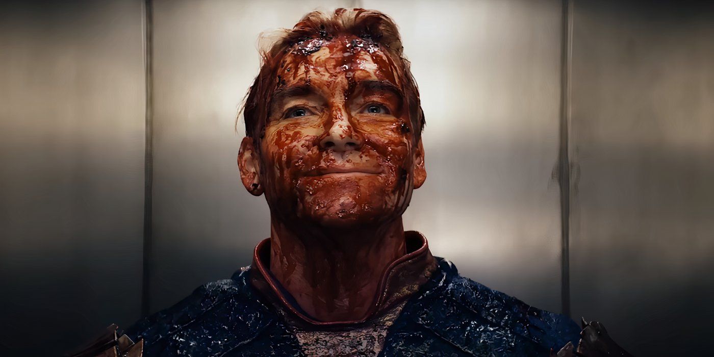 Antony Starr as Homelander smiling while covered in blood in The Boys