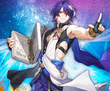 Dr Ratio из Honkai Star Rail держит книгу и делает жест руками