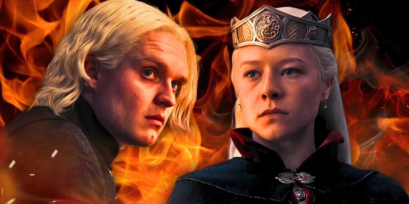 Aegon and Rhaenyra with fire in the background in House of the Dragon season 2