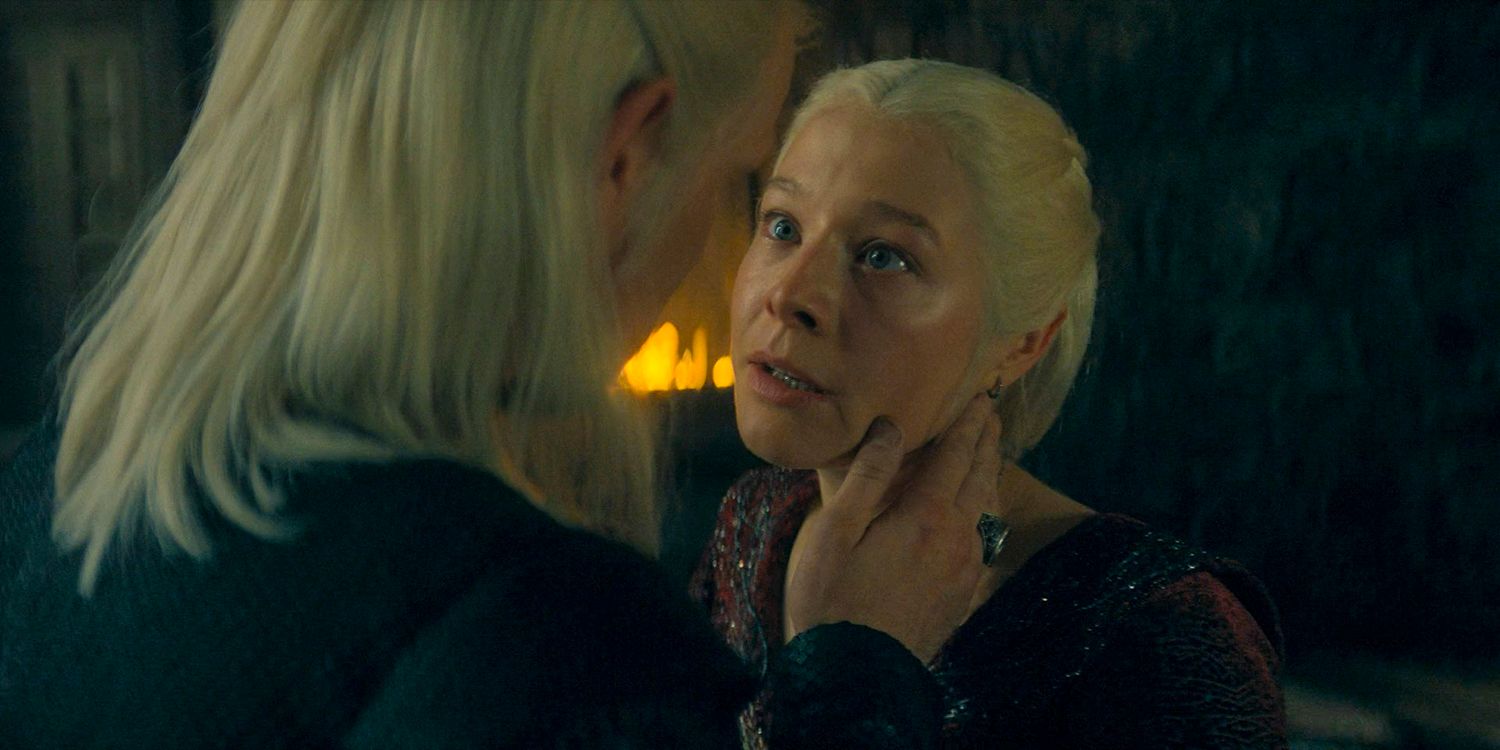 Daemon takes Rhaenyra Targaryen's (Emma D'Arcy) face in his hands to comfort her in House of the Dragon season 2 episode 2