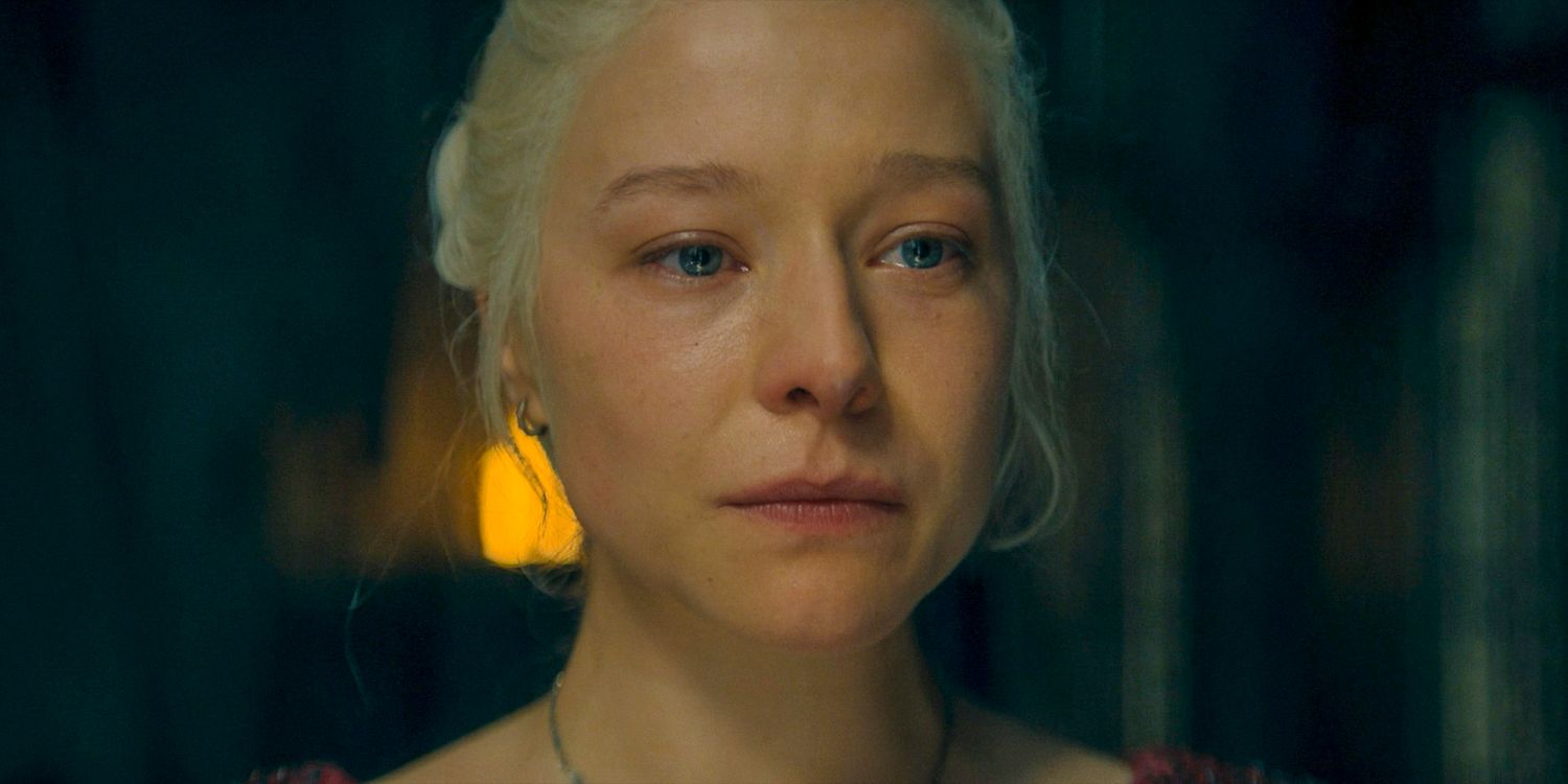 Rhaenyra Targaryen (Emma D'Arcy) holding back tears in House of the Dragon season 2 episode 2