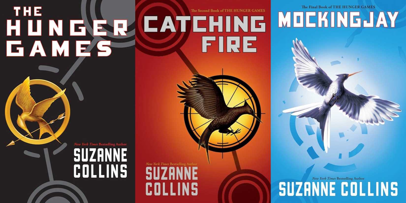 As capas dos Jogos Vorazes, Catching Fire e Mockingjay de Suzanne Collins