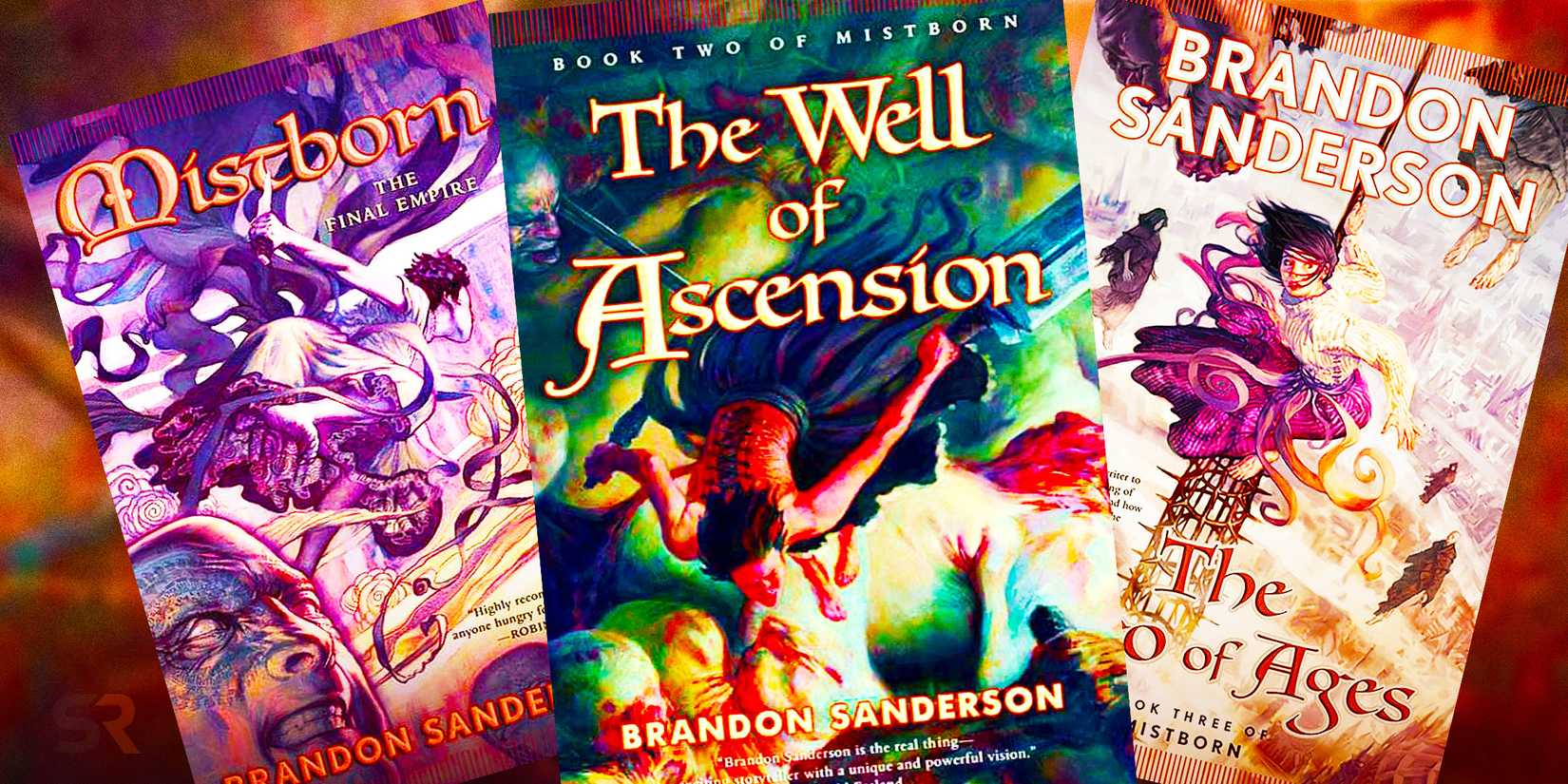 As capas da trilogia original de Mistborn: The Final Empire, The Well of Ascension e The Hero of Ages