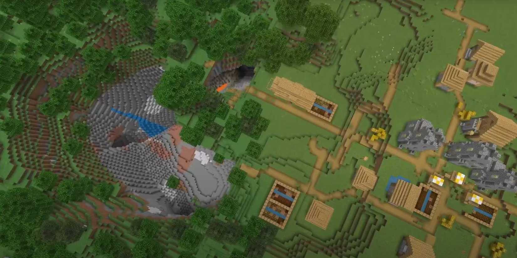 Minecraft large cave system next to Village from Completed End Construction early End Portal world seed