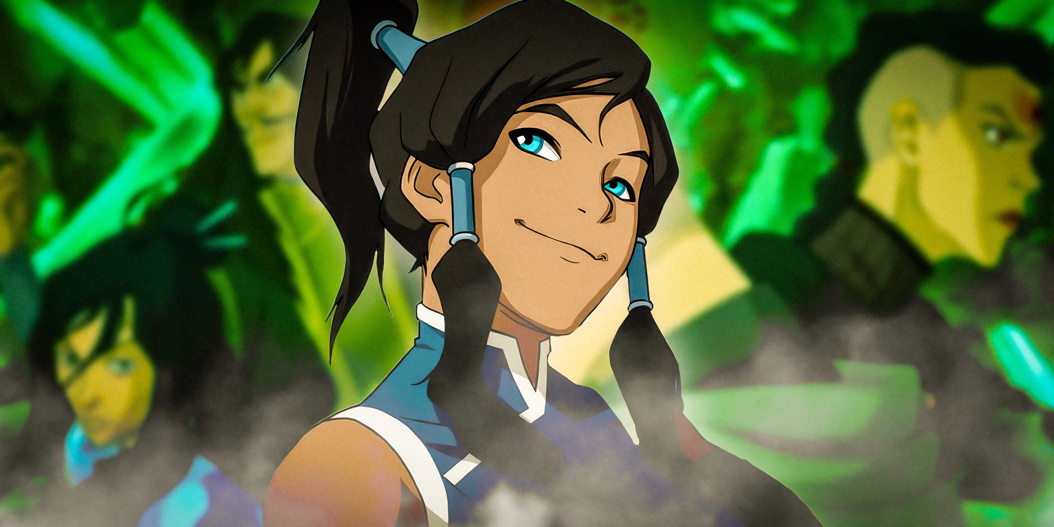 Korra (Janet Varney) looking smug with the Legend of Korra's season 3 villains behind her