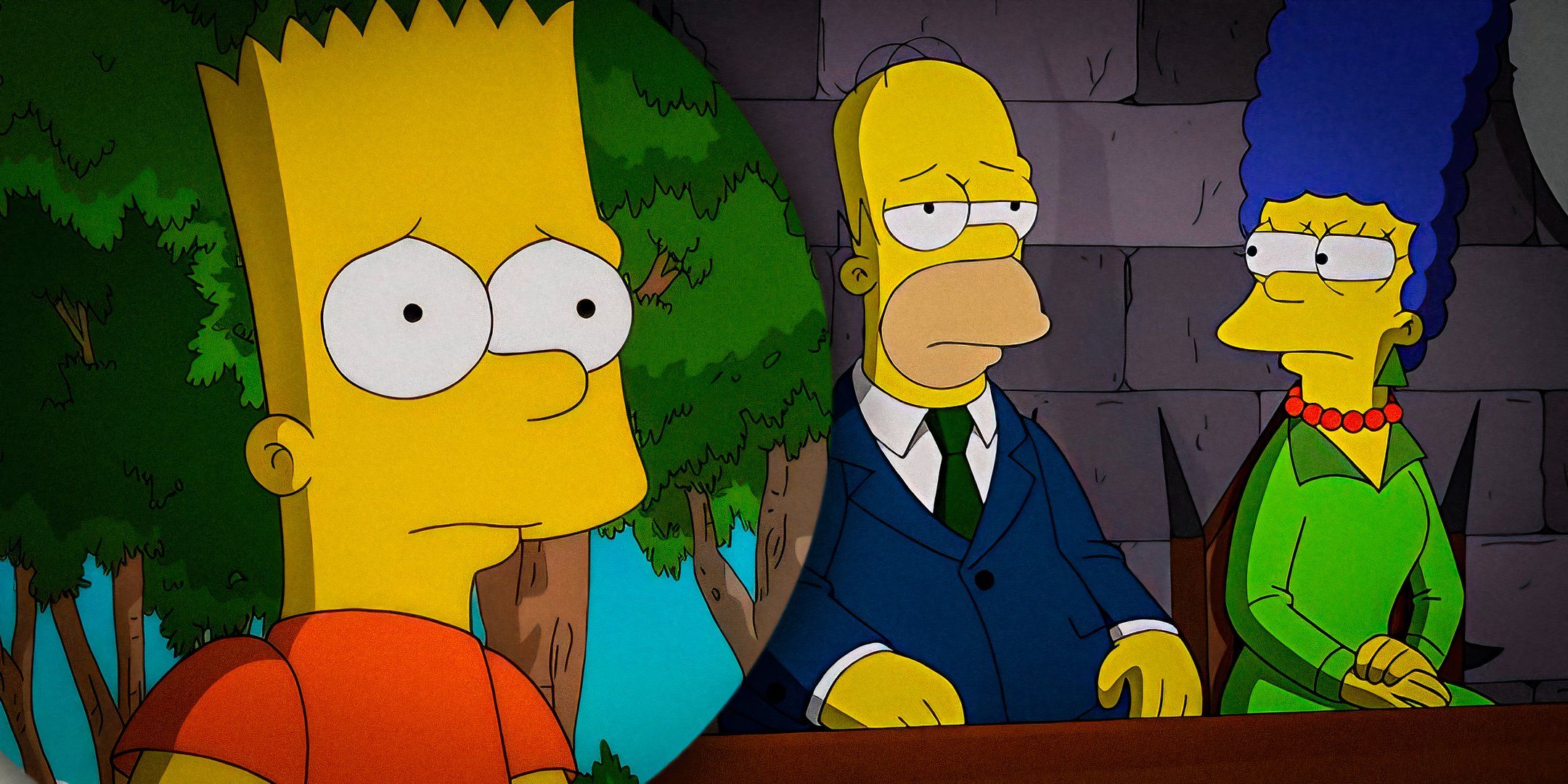 Uma imagem composta de Bart parecendo preocupado na frente de Marge dando um olhar sujo para Homer em Os Simpsons 