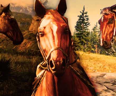 Коллаж из трех лошадей из Red Dead 2 с сепийным тоном.
