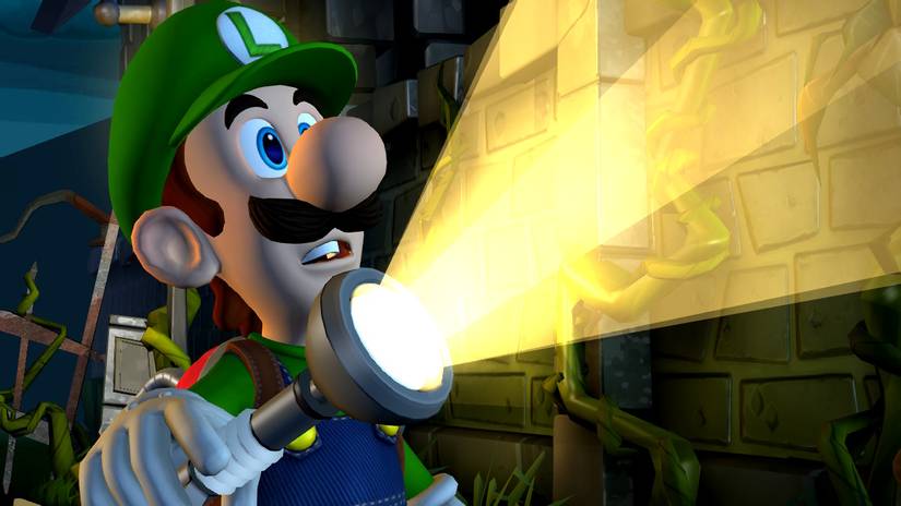 Luigi looking scared while pointing his flashlight in Luigi's Mansion 2 HD