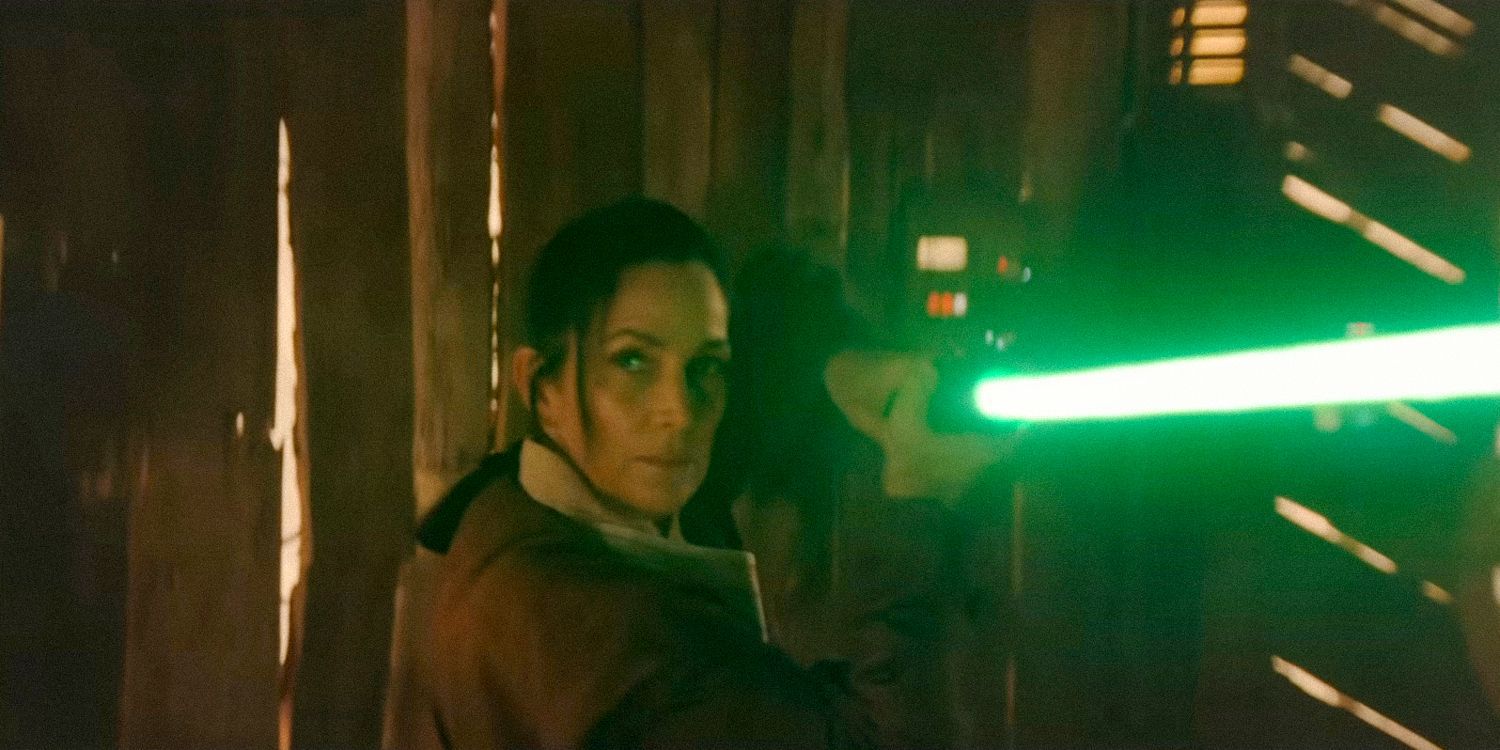 Jedi Master Indara wielding a green lightsaber in The Acolyte season 1, episode 1 
