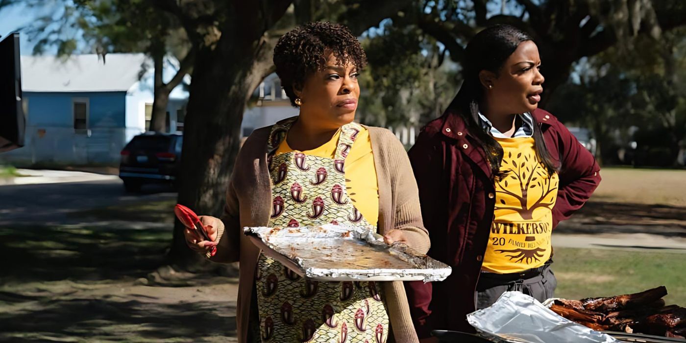 Isabel Wilkerson (Aunjanue Ellis-Taylor) e Marion Wilkerson (Niecy Nash) na reunião de família em Origin