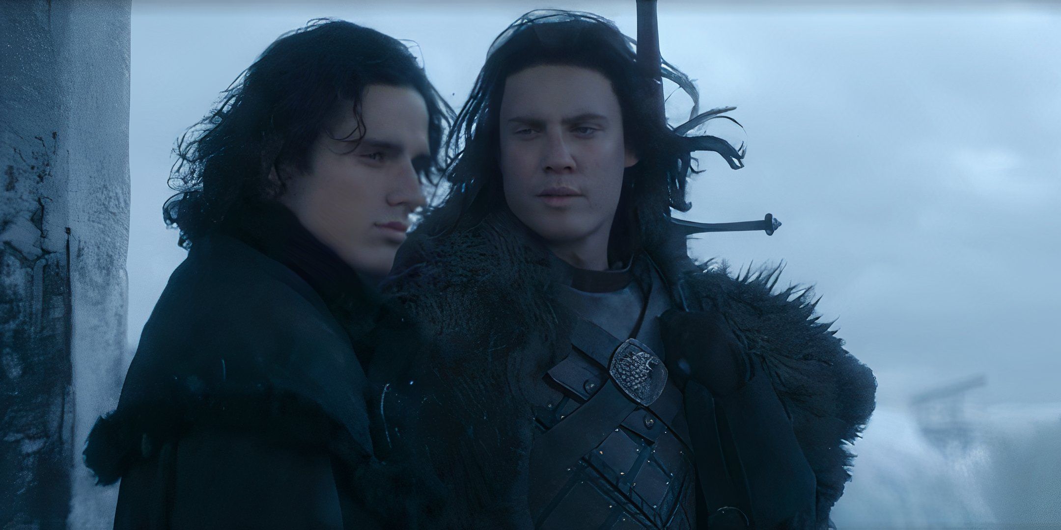 Jacaerys Velaryon and Cregan Stark standing atop the Wall in House of the Dragon season 2 episode 1