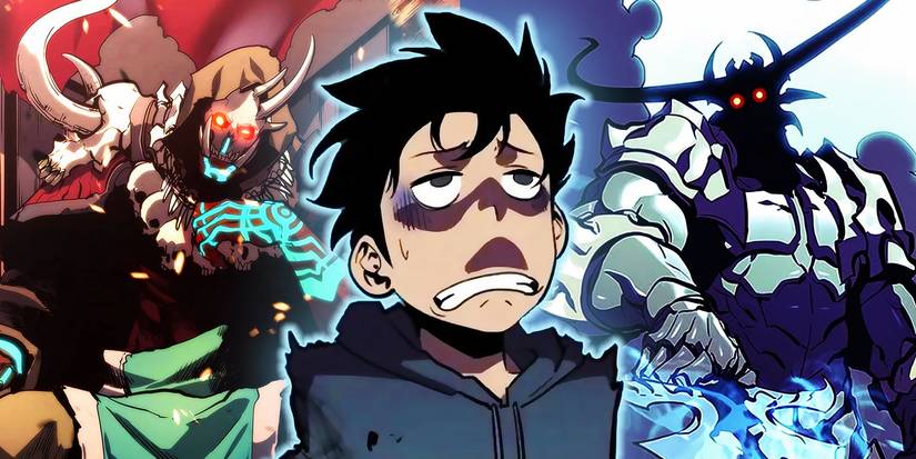 Jinwoo from solo leveling as seen in the manhwa looking up disgusted with magic beasts from the sseries in the background behind him