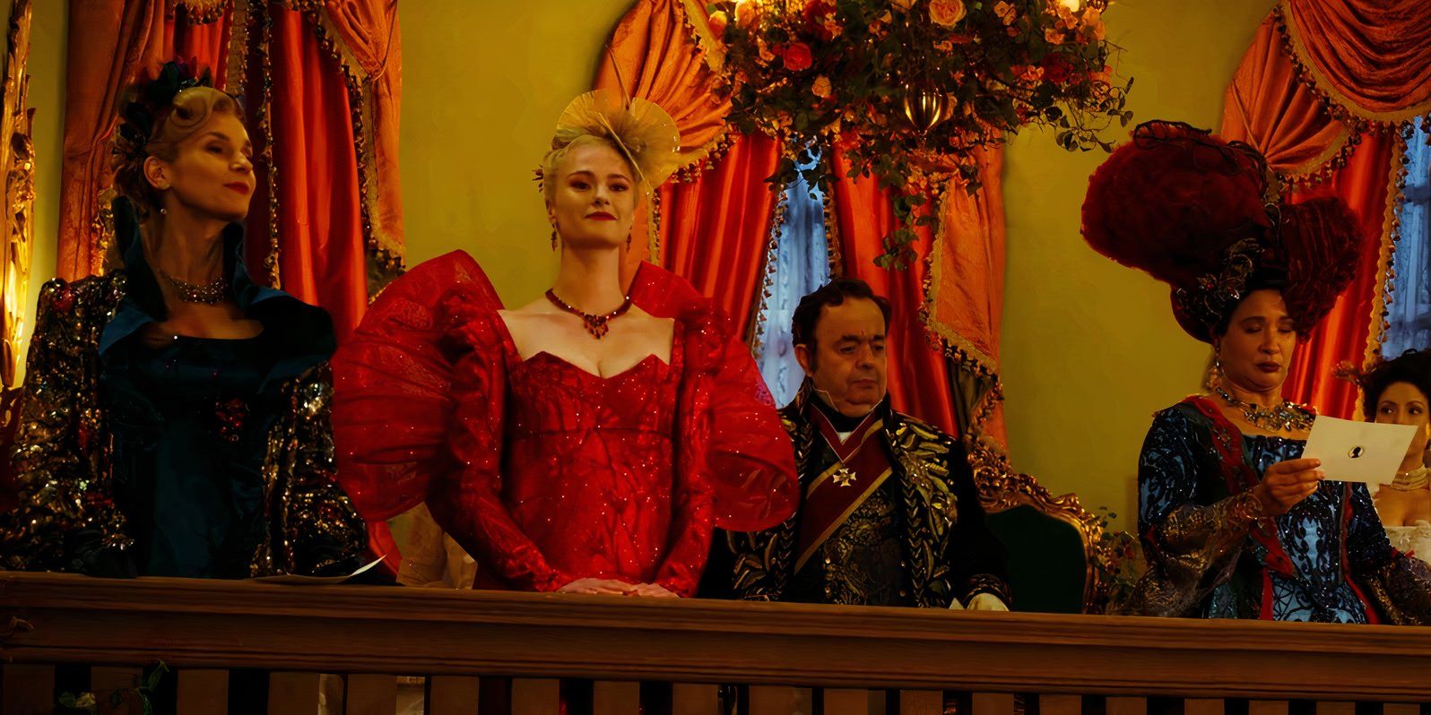 Joanna Bobin as Lady Cowper, Jessica Madsen as Cressida Cowper, Hugh Sachs as Brimsley and Golda Rosheuvel as Queen Charlotte in Bridgerton season 3 episode 6