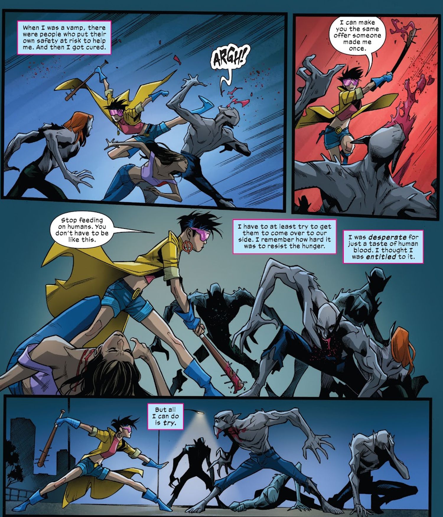 Jubilee fights vampires and offers one a way to be saved. 