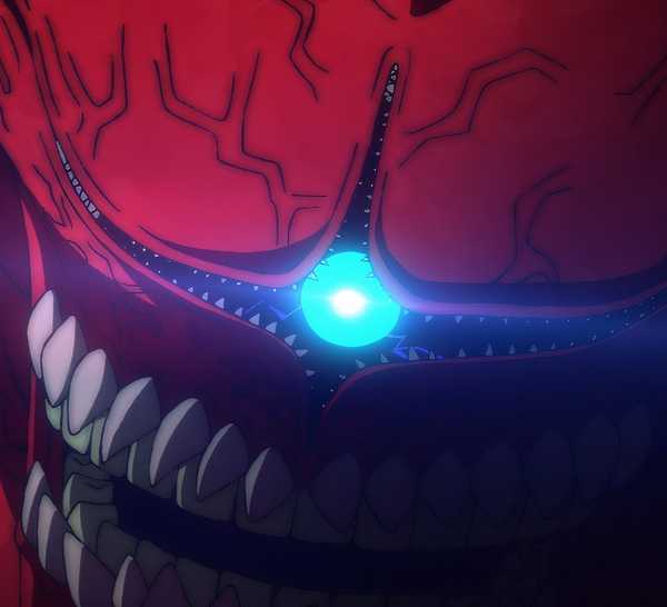 Kaiju No. 10 in episode 9 on Kaiju No. 8 showing its teeth as its eye glows blue.