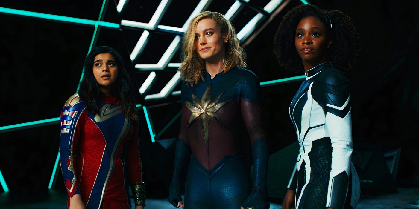 Kamala Khan, Carol Danvers, and Monica Rambeau standing together in The Marvels