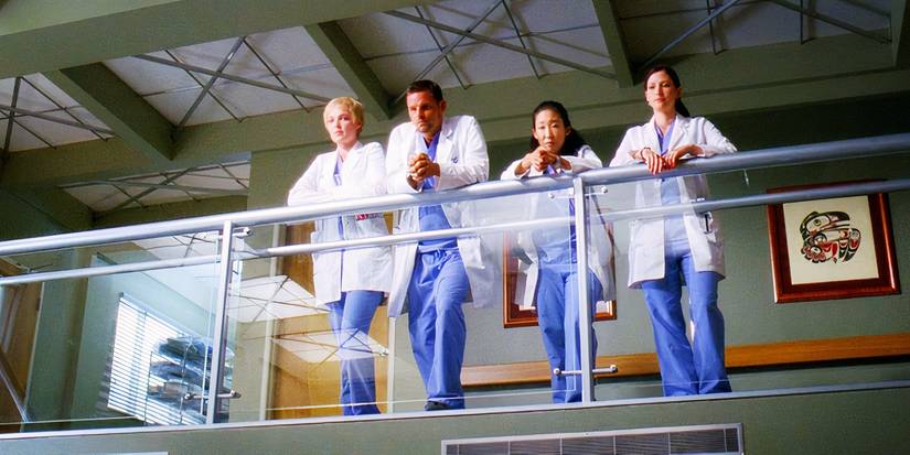 Katherine Heigl as Izzie Stevens, Justin Chambers as Alex Karev, Sandra Oh as Cristina Yang and Chyler Leigh as Lexi Grey in Grey's Anatomy season 6 episode 5