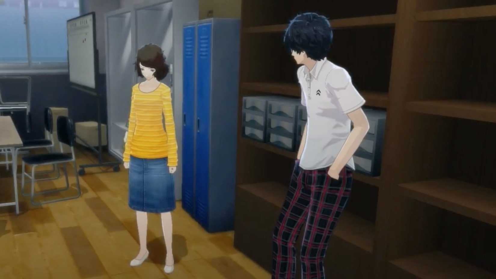 Kawakami and Joker standing in a room at school in Persona 5 Royal
