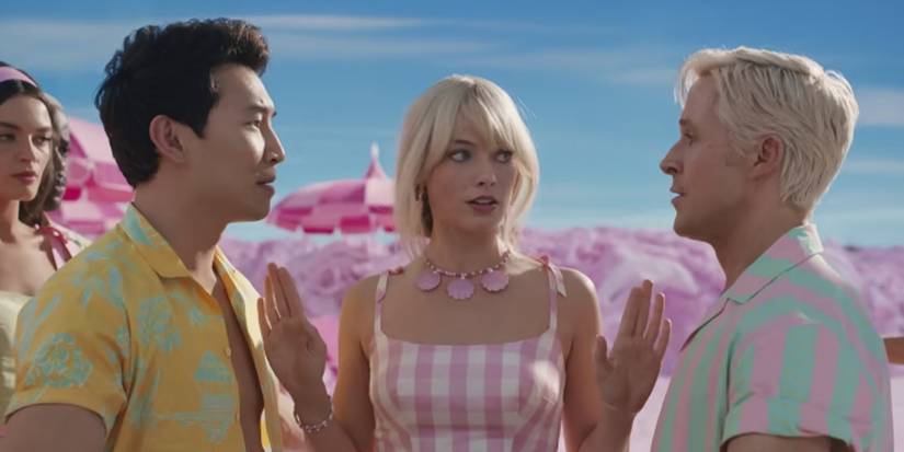 Barbie mediates a dispute between two Kens in the Barbie movie
