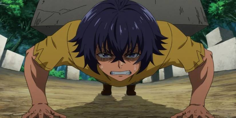 Ken Usato doing push-ups with a large stone on his back in The Wrong Way to Use Healing Magic.