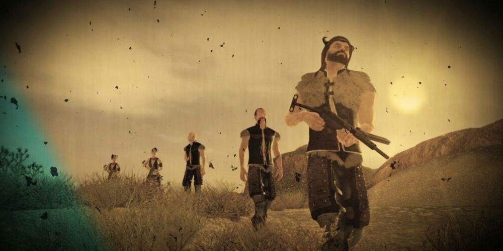 Great Khans walking through the desert with rifles.