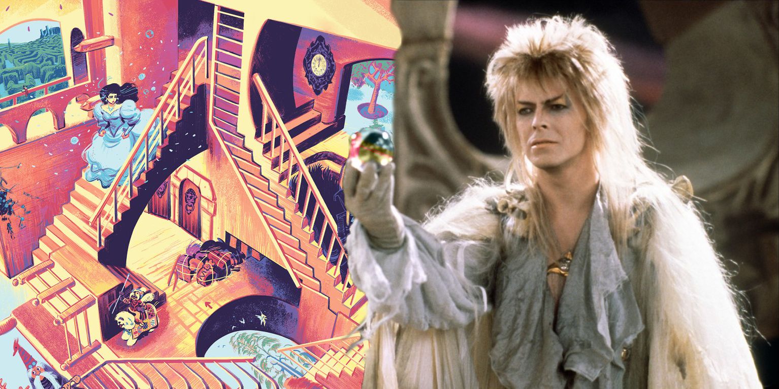 David Bowie as Jareth in Labyrinth, overlaid on a variant cover for the Labyrinth graphic novel by Veronica Fish.