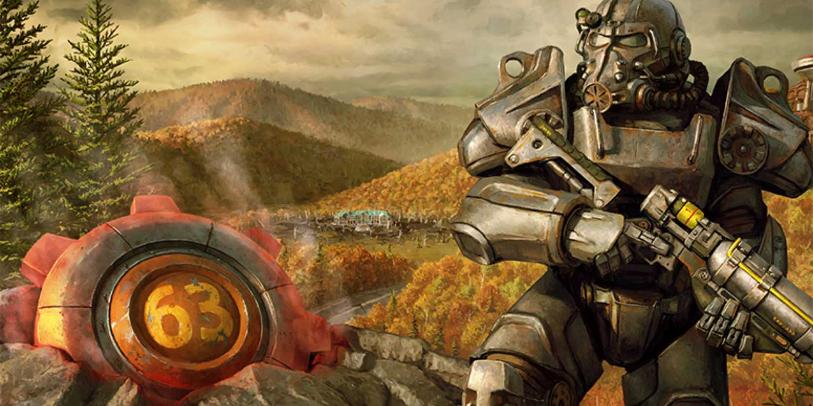 A figure in power armor next to Vault 63 in Fallout 76