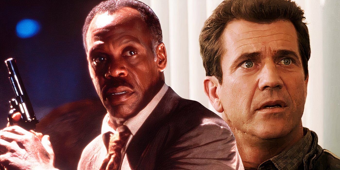 A composite image of Murtaugh holing a pistol with Riggs looking shocked in Lethal Weapon 4